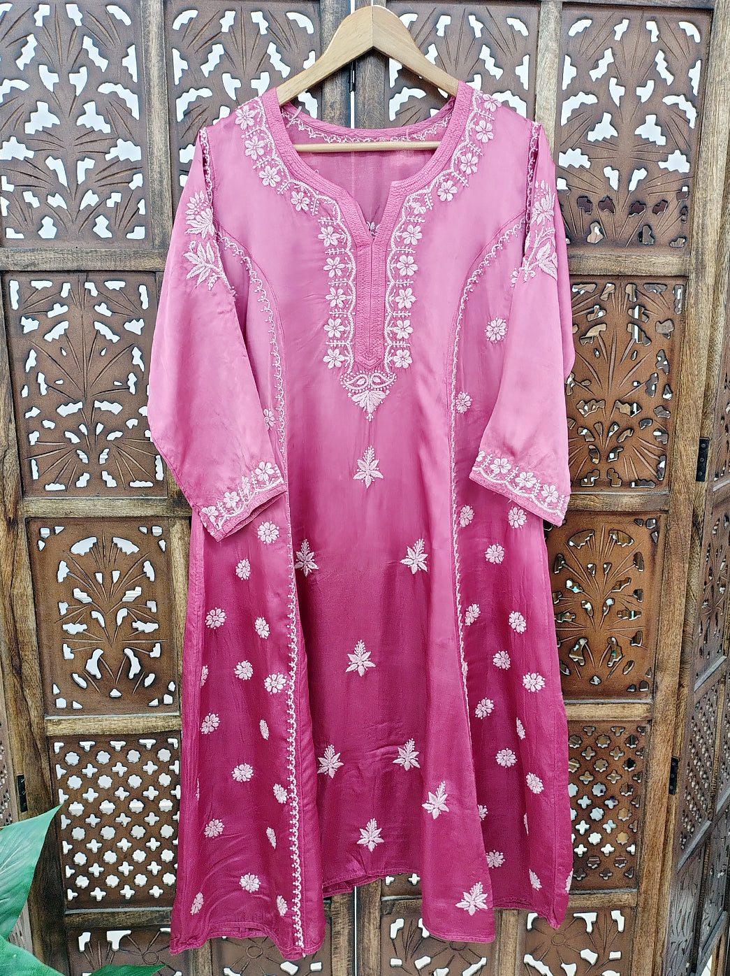 Bubblegum Satin Modal Chikankari A-Line Kurti