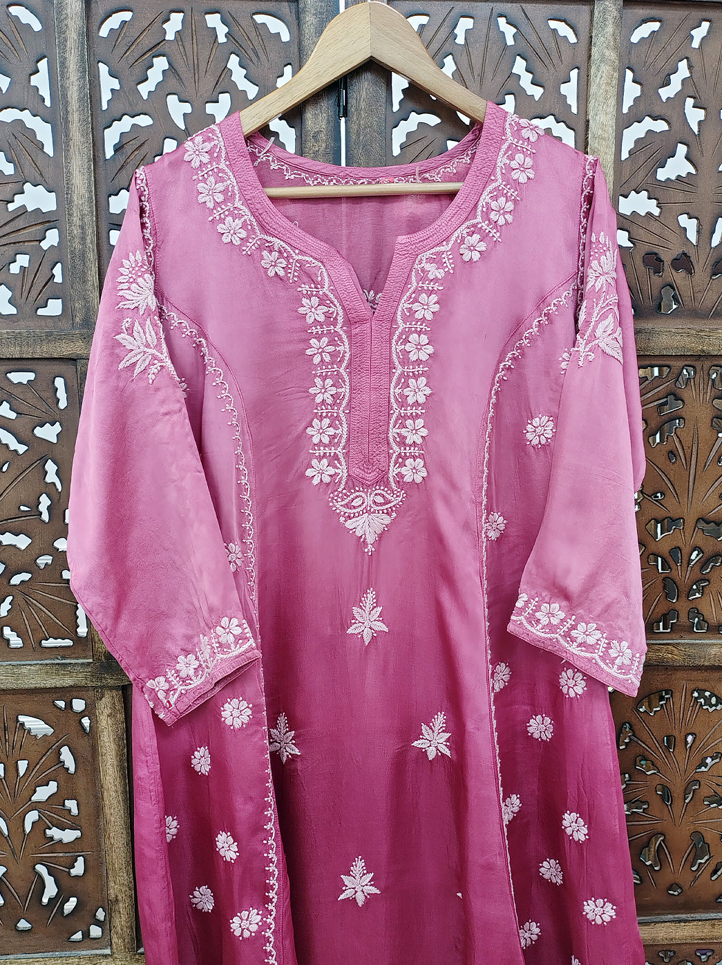 Bubblegum Satin Modal Chikankari A-Line Kurti