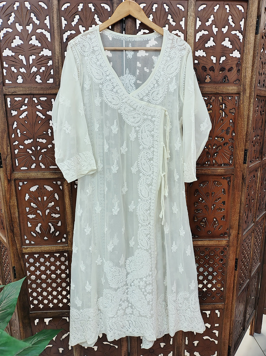 Off White Georgette Chikankari Angrakha Kurti