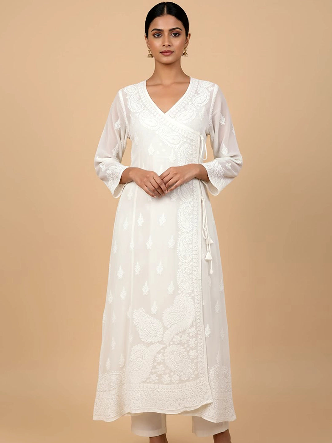 Off White Georgette Chikankari Angrakha Kurti