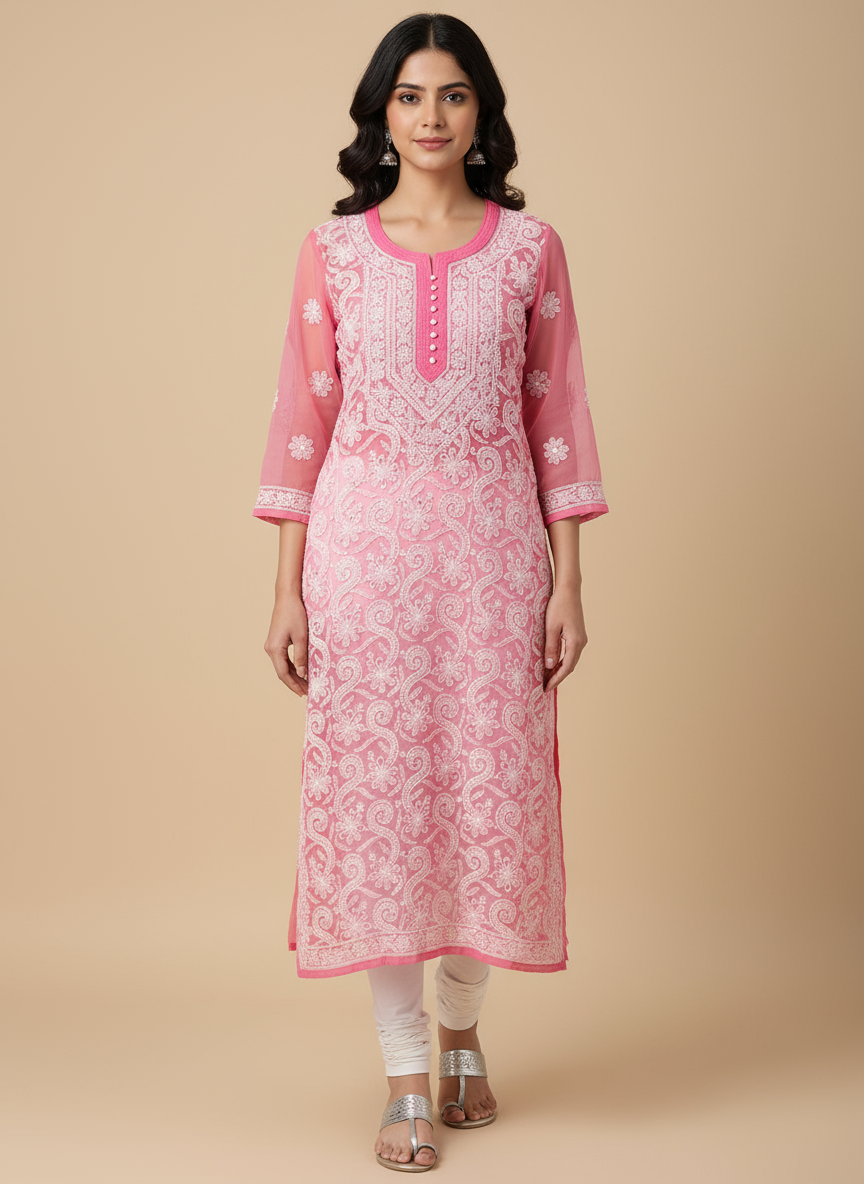 Peach Georgette Chikankari Straight Kurti
