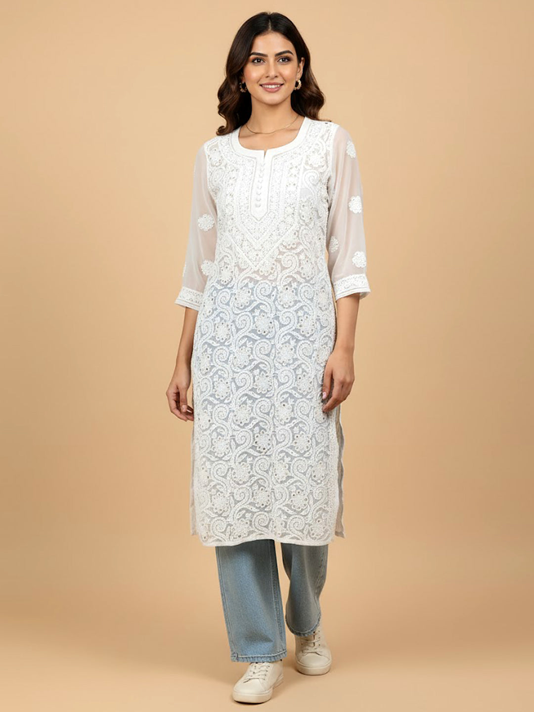 White Georgette Chikankari Straight Kurti