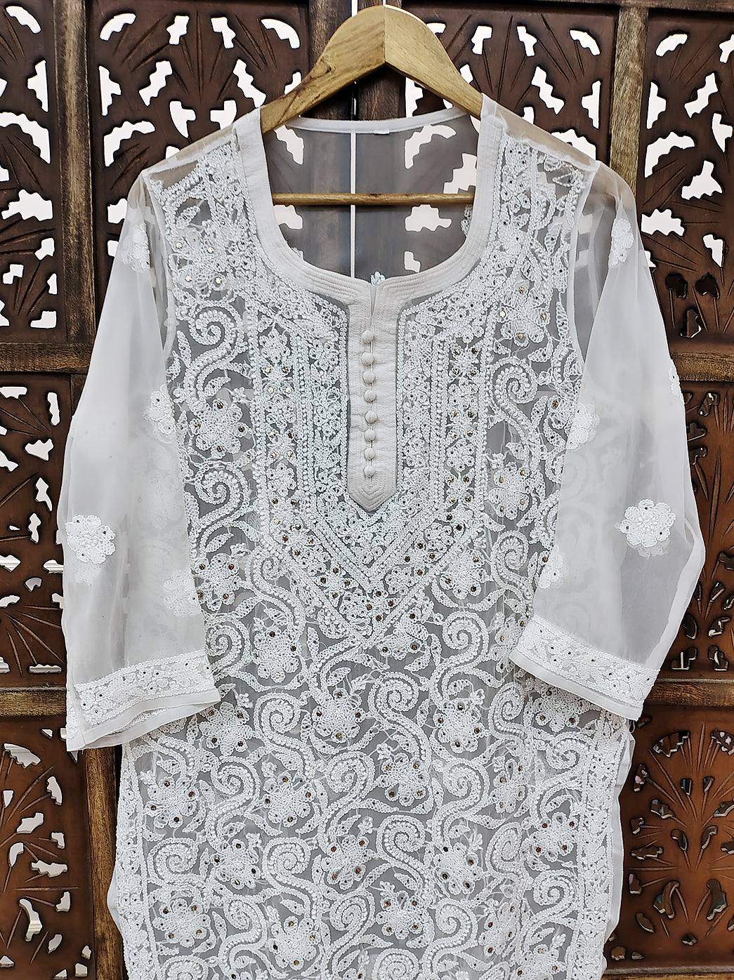 White Georgette Chikankari Straight Kurti