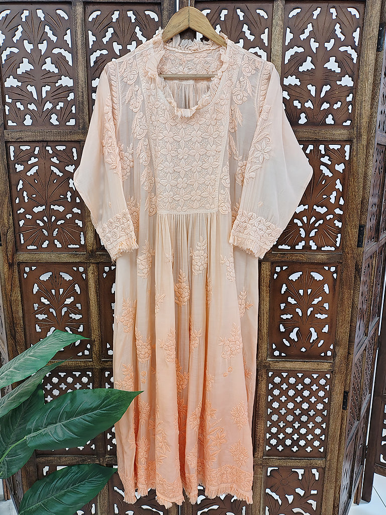 Peach Muslin Chikankari Anarkali