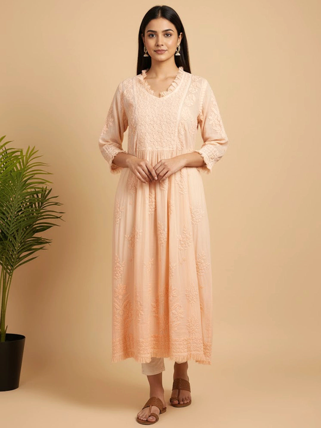 Peach Muslin Chikankari Anarkali