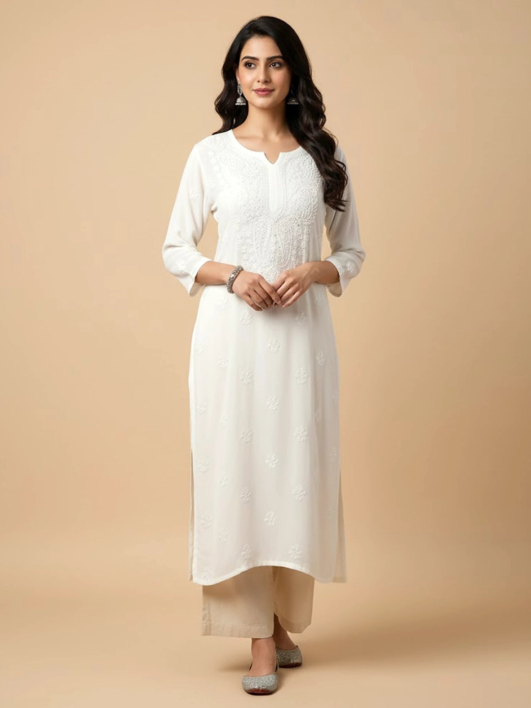 White Viscose Mukaish Work Chikankari Straight Kurti