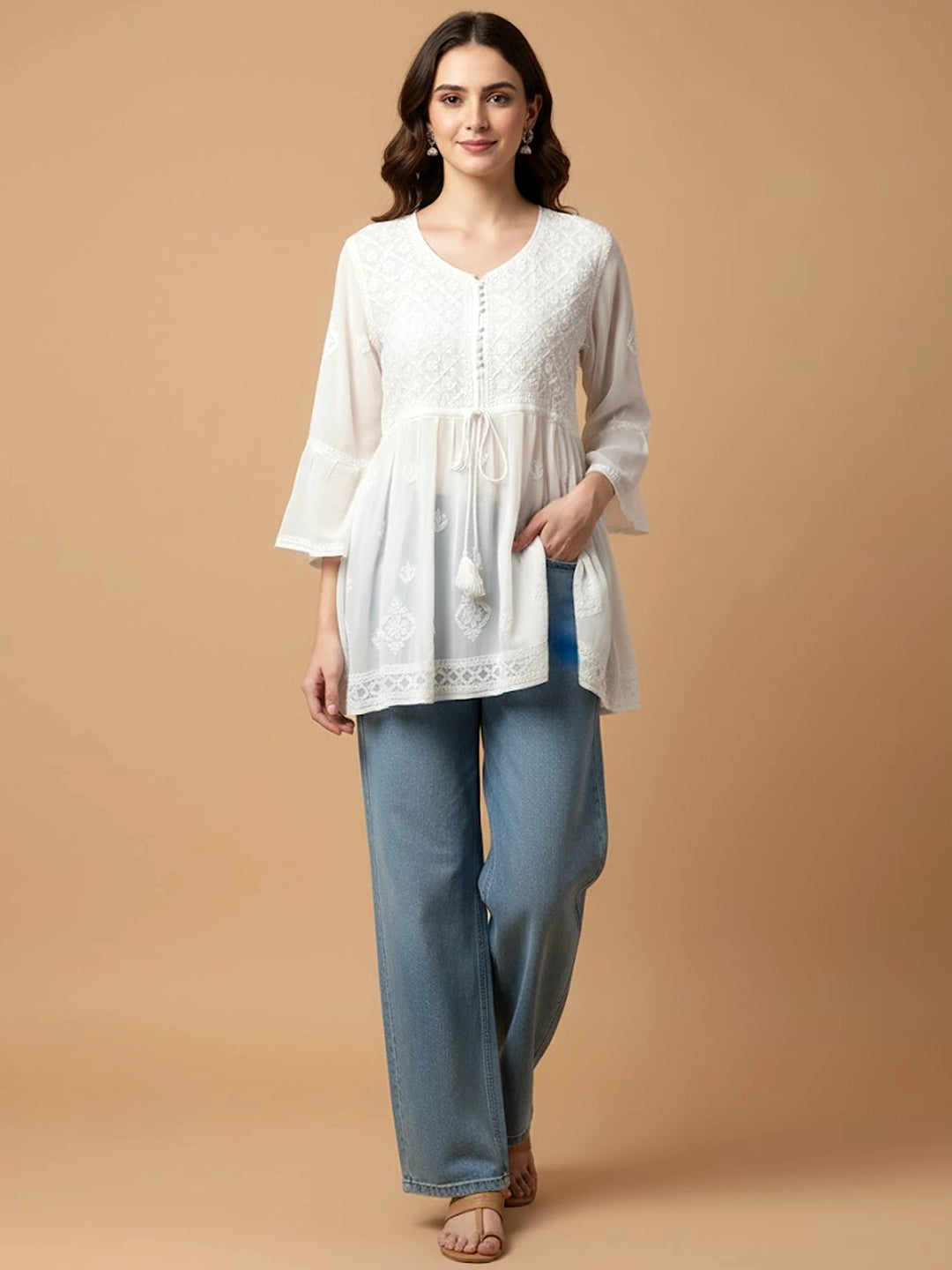 White Viscose Chikankari Peplum Top