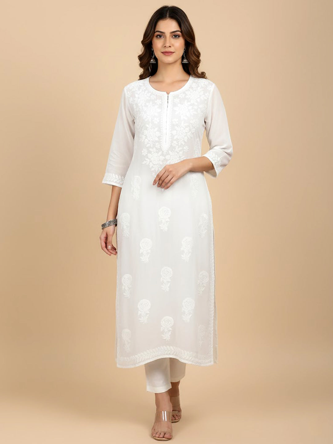 White Modal Chikankari Straight Kurti