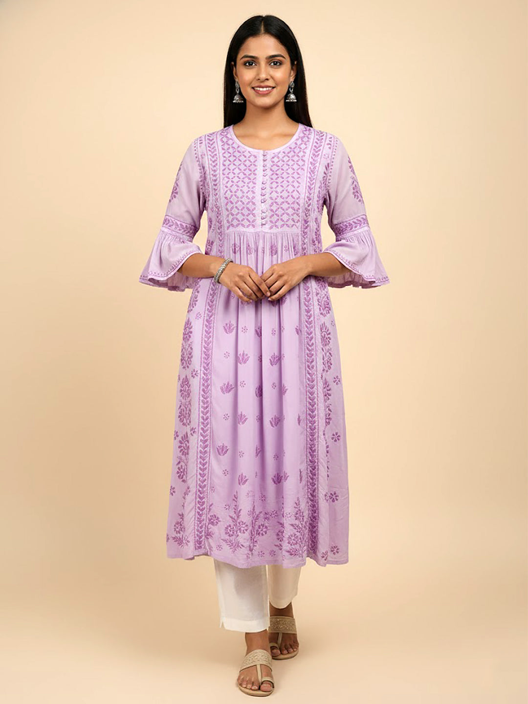 Lavender Modal Chikankari A-Line Kurti
