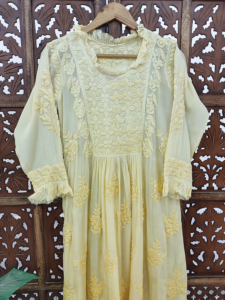 Yellow Muslin Chikankari Anarkali