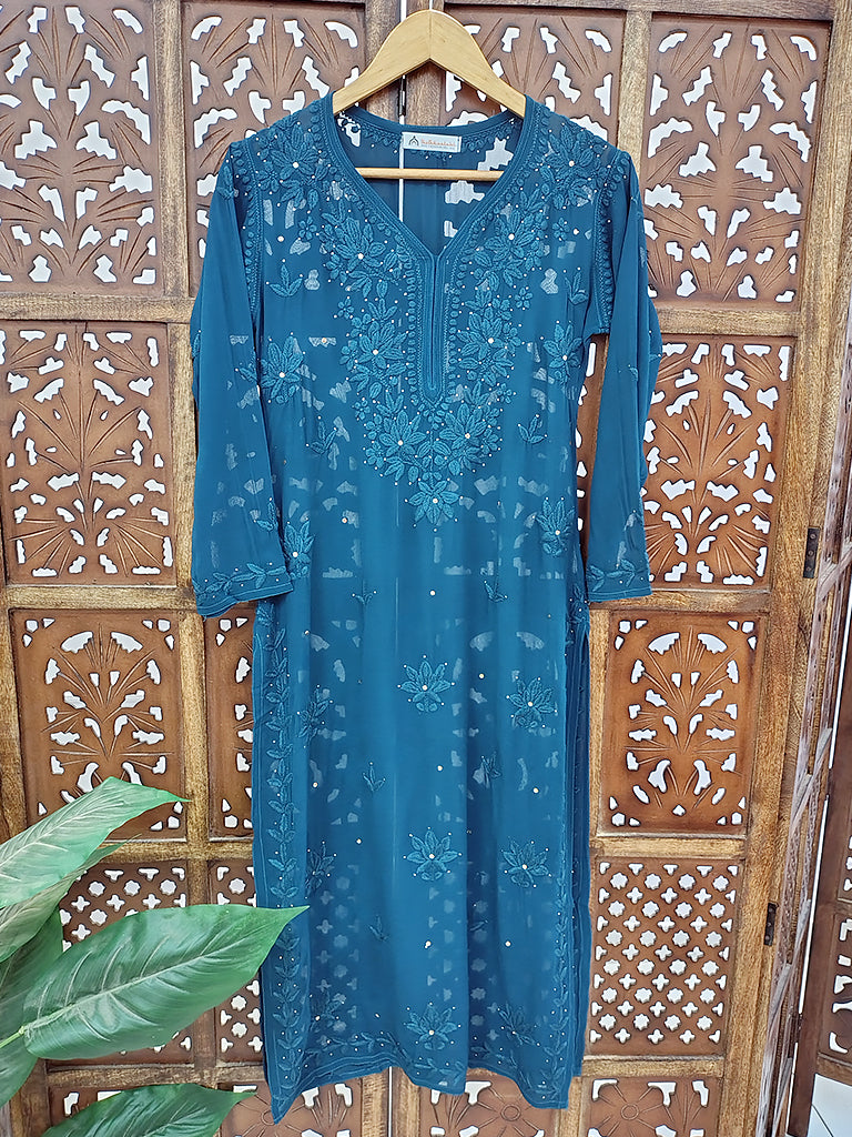 Blue Viscose Chikankari Straight Kurti