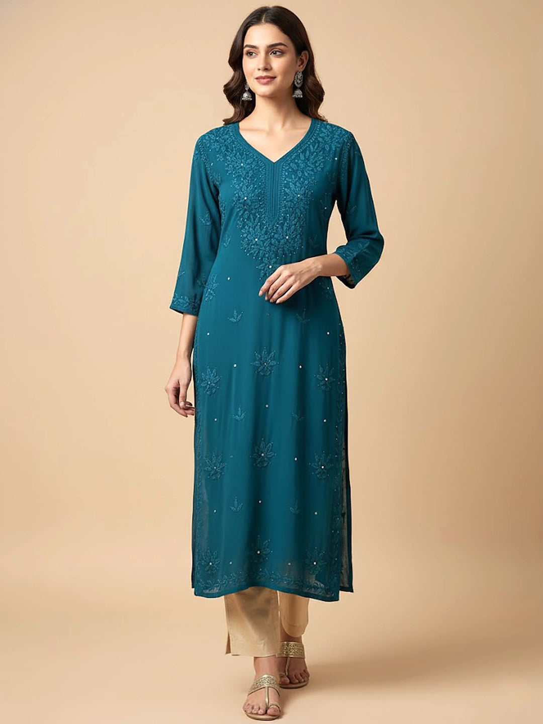 Blue Viscose Chikankari Straight Kurti