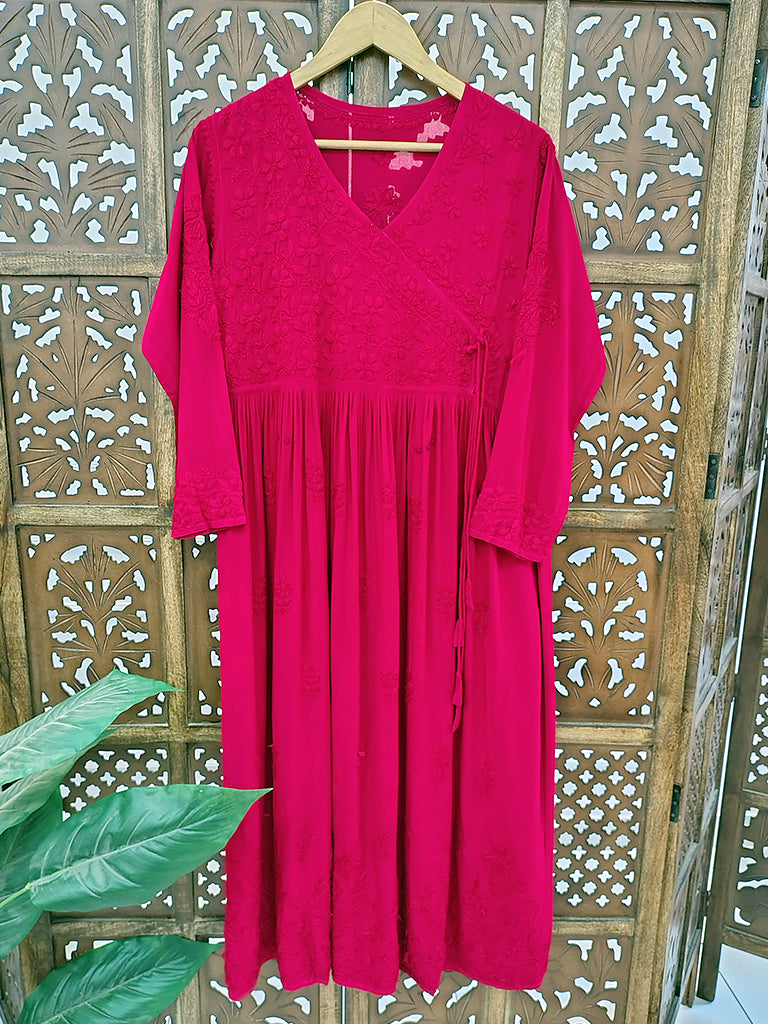 Red Modal Chikankari Angrakha Kurti
