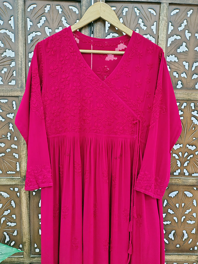 Red Modal Chikankari Angrakha Kurti
