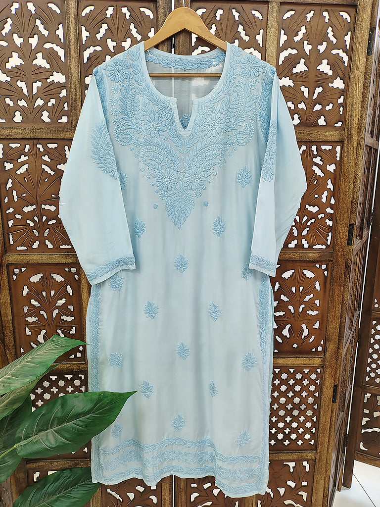 Blue Muslin Chikankari Straight Kurti