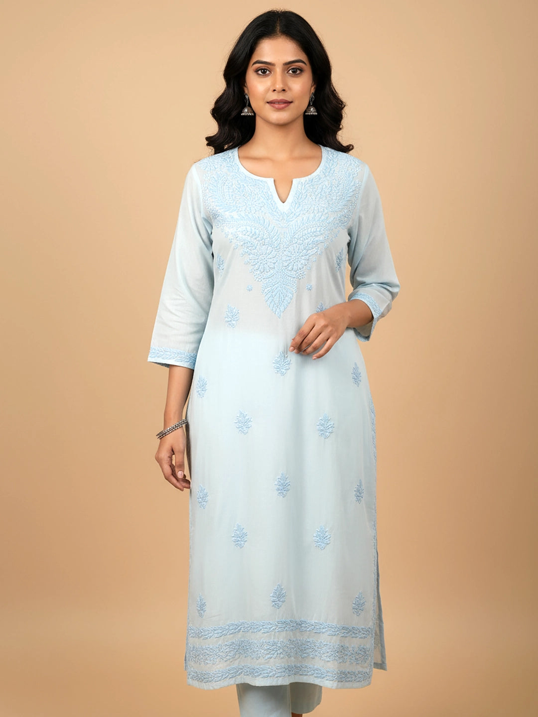 Blue Muslin Chikankari Straight Kurti