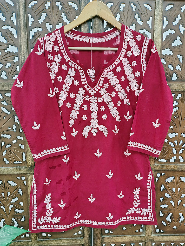 Maroon Cotton Chikankari Short Kurti