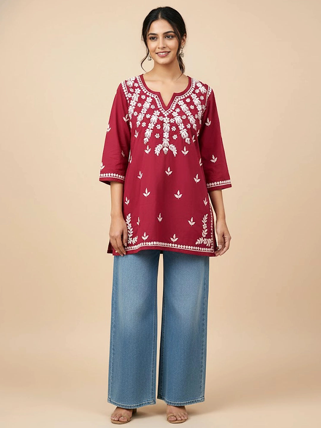 Maroon Cotton Chikankari Short Kurti