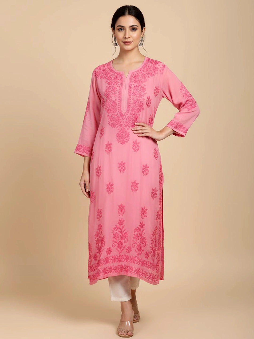 Peach Modal Chikankari Straight Kurti