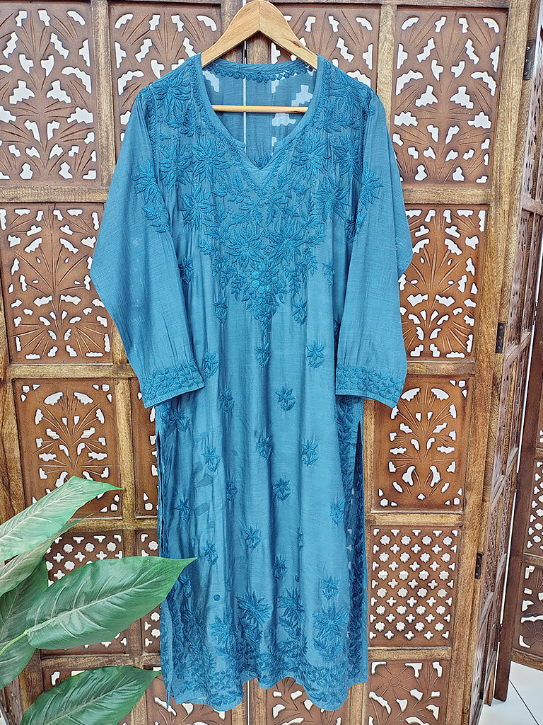 Royal Blue Muslin Chikankari Straight Kurti