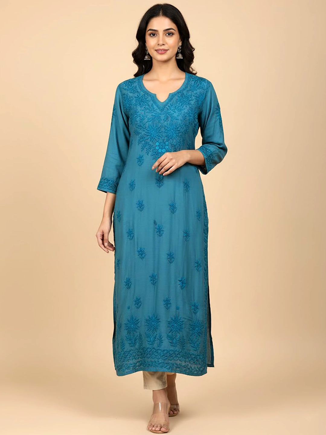 Royal Blue Muslin Chikankari Straight Kurti