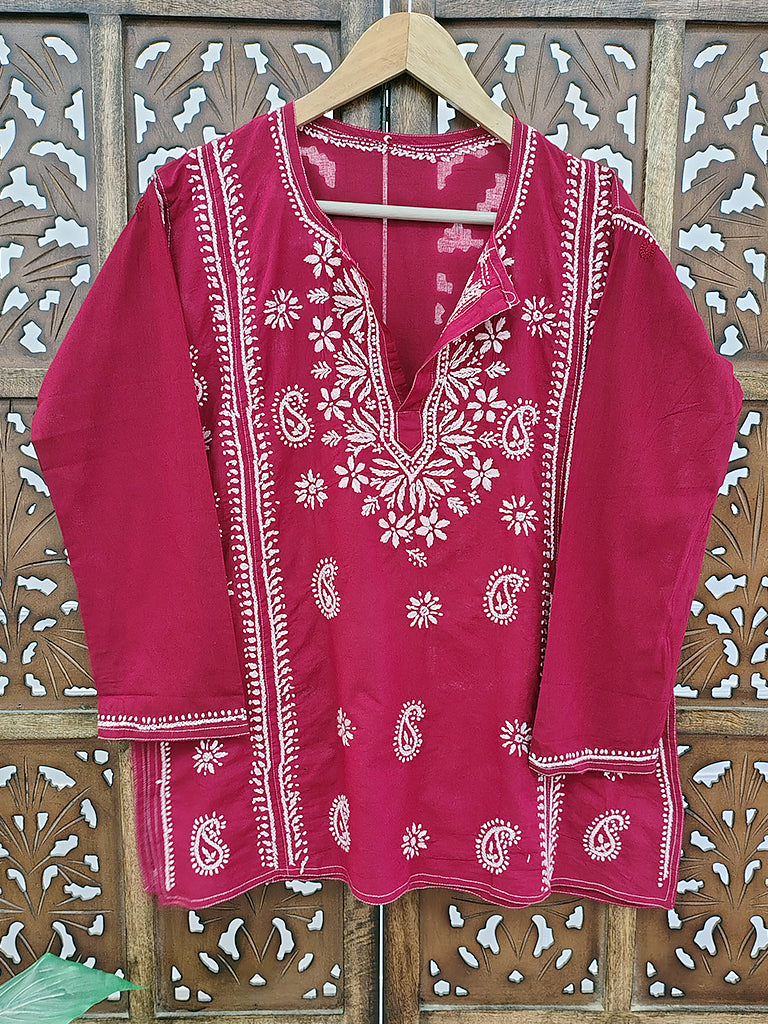 Maroon Cotton Chikankari Short Kurti