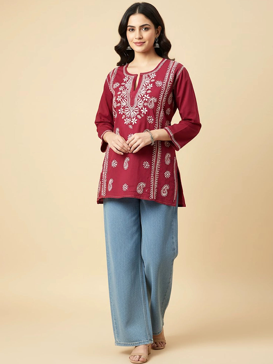 Maroon Cotton Chikankari Short Kurti