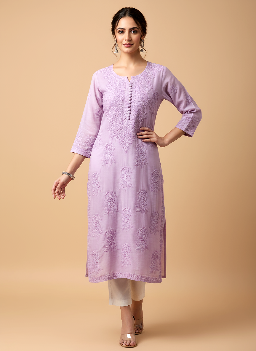 Lavender Gulaab Muslin Chikankari Straight Kurti