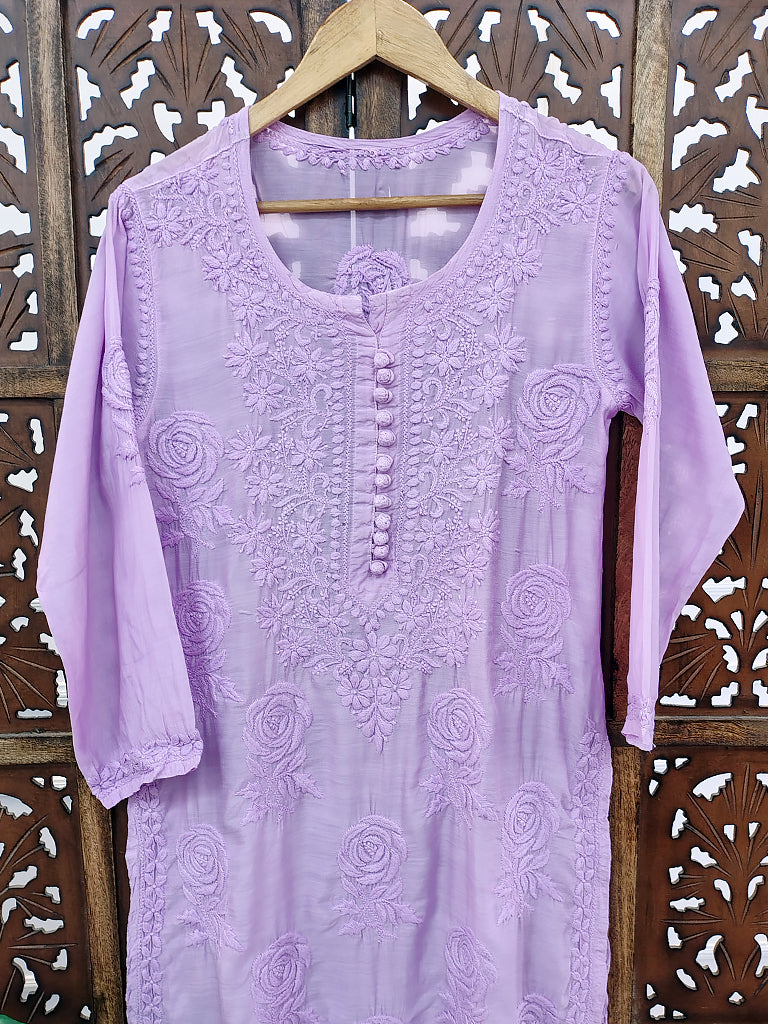 Lavender Gulaab Muslin Chikankari Straight Kurti