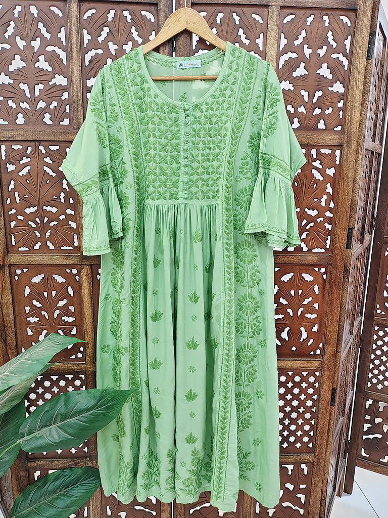 Green Modal Chikankari A-Line Kurti