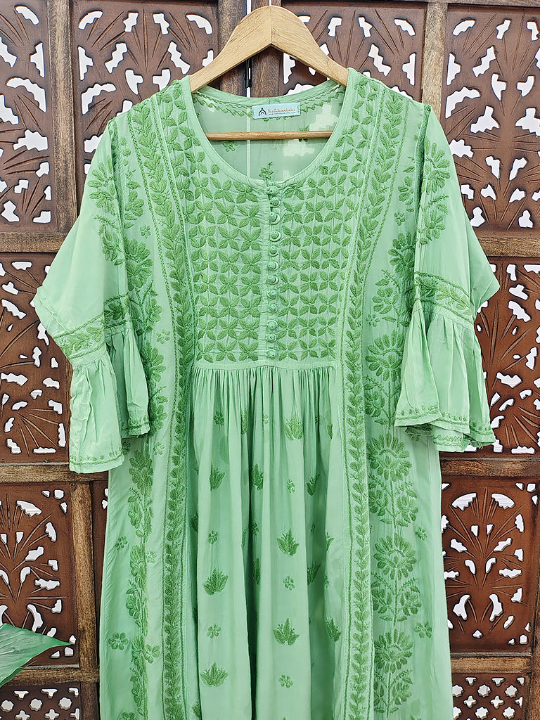 Green Modal Chikankari A-Line Kurti