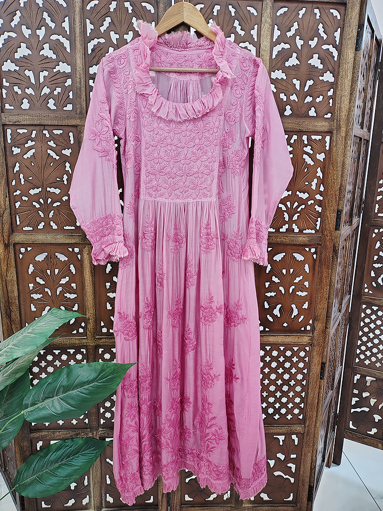 Peach Muslin Chikankari A-Line Kurti