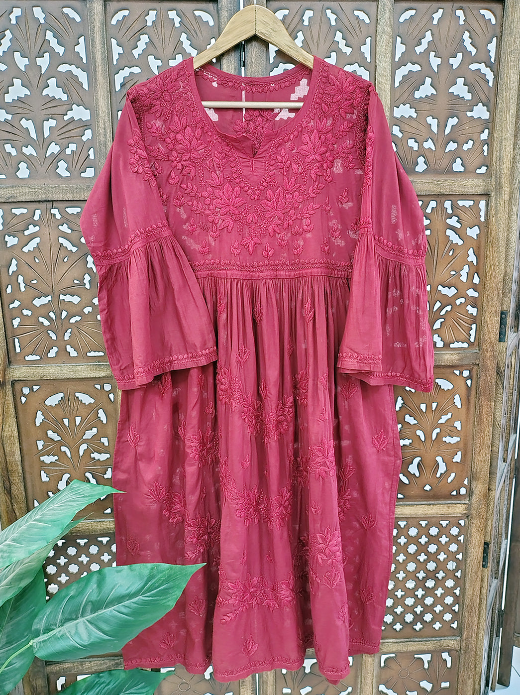 Maroon Cotton Chikankari A-Line Kurti