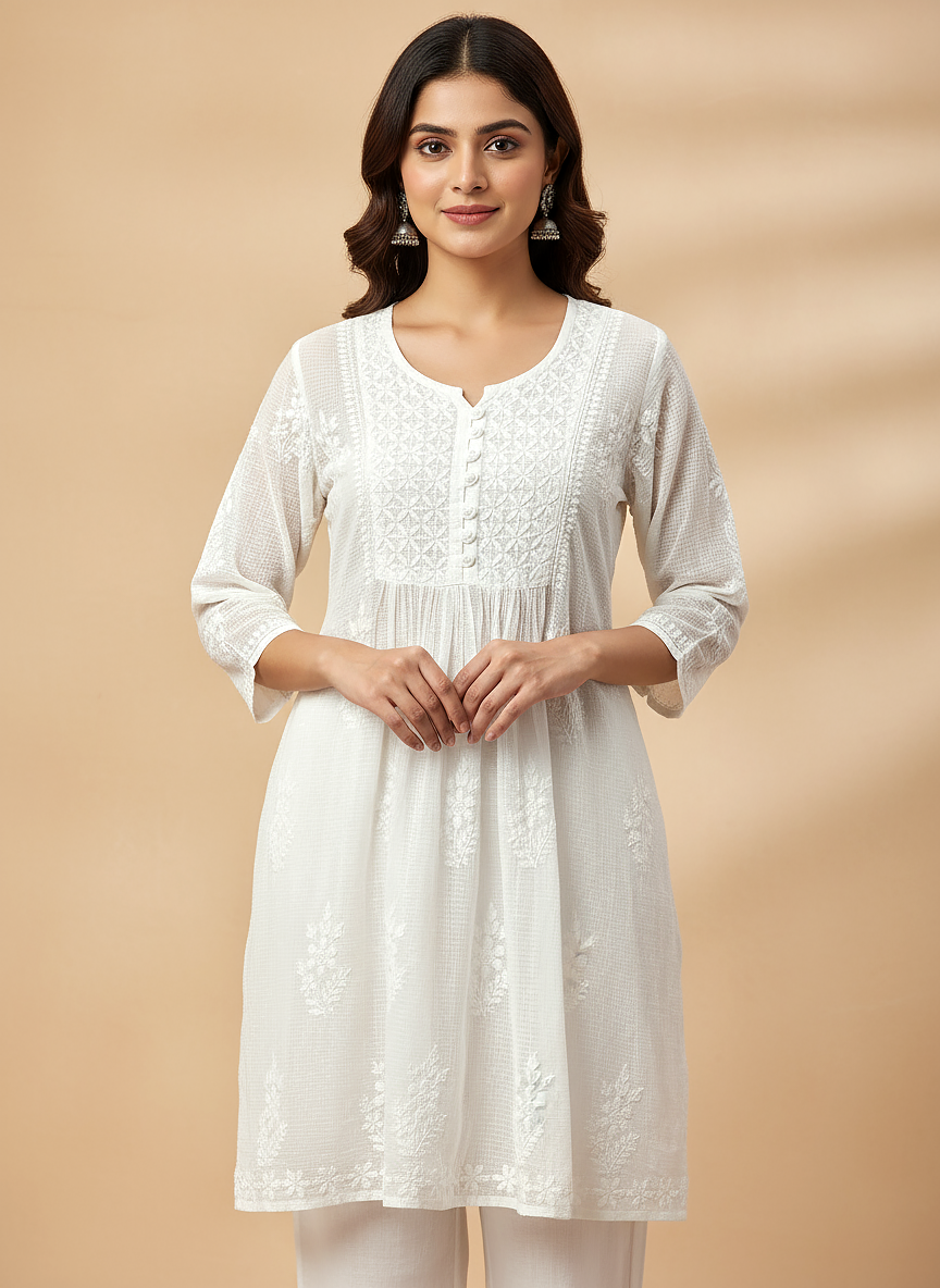 White Kota Cotton Chikankari Short Top