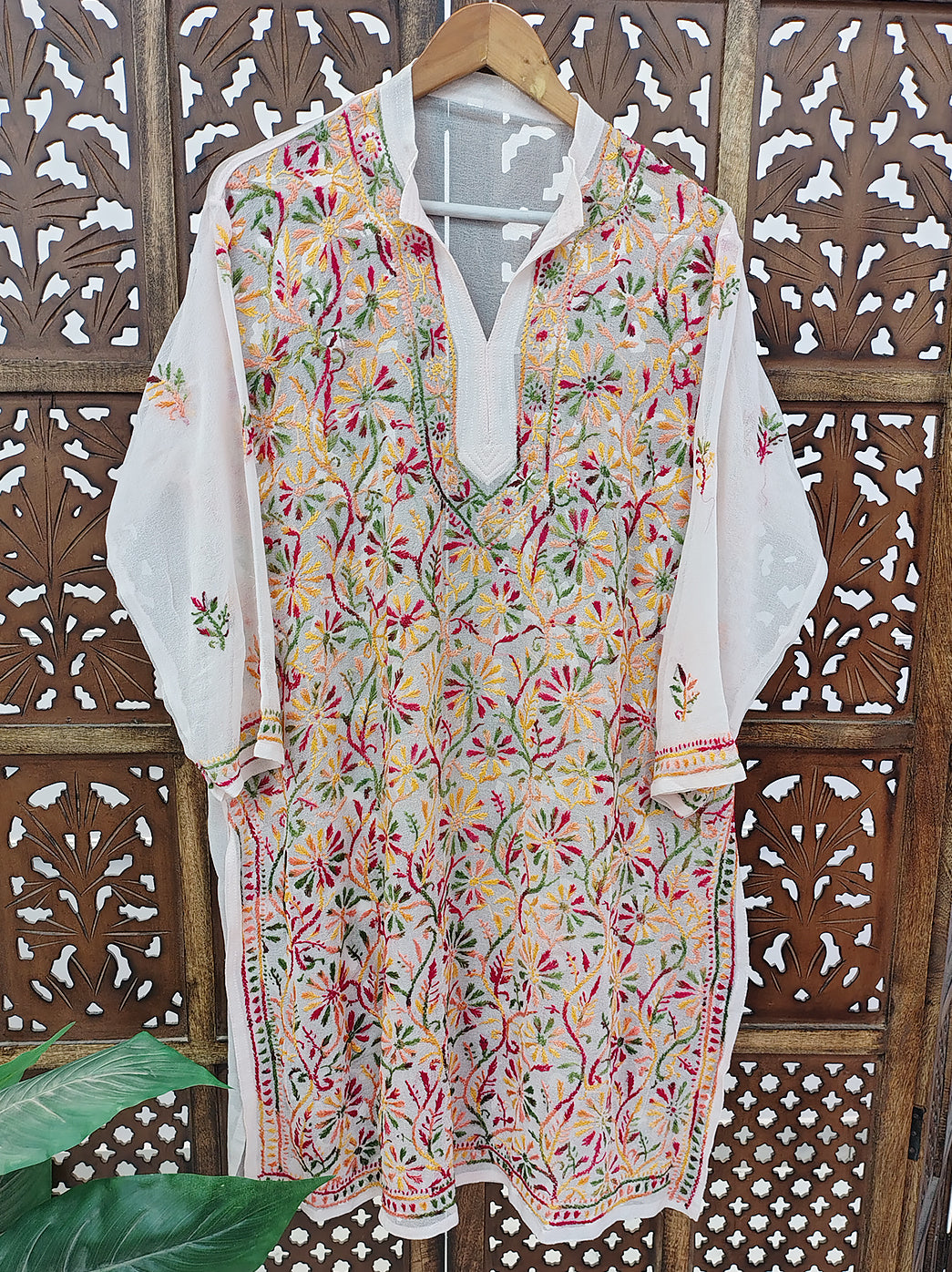 White Multi Georgette Chikankari Straight Kurti