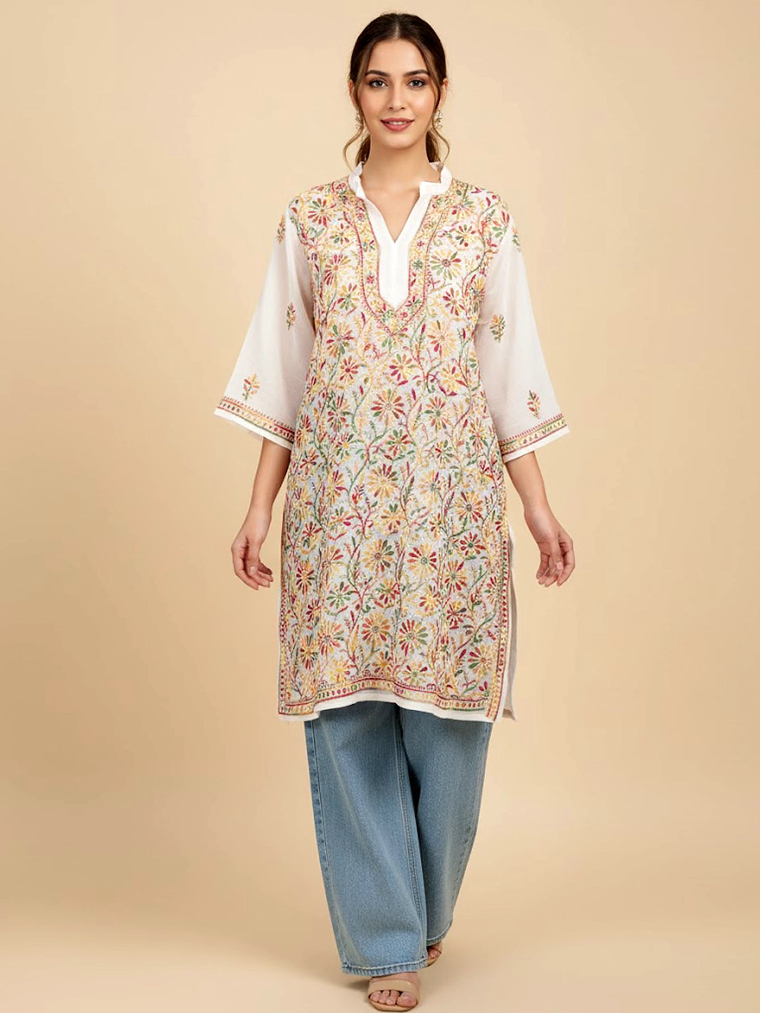 White Multi Georgette Chikankari Straight Kurti