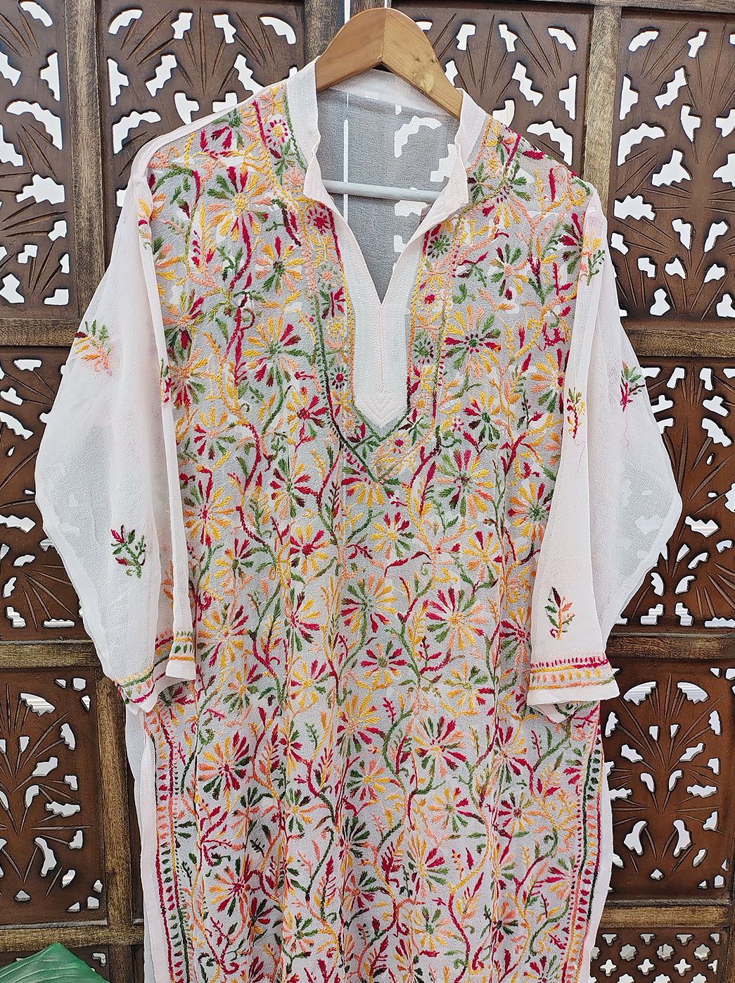 White Multi Georgette Chikankari Straight Kurti