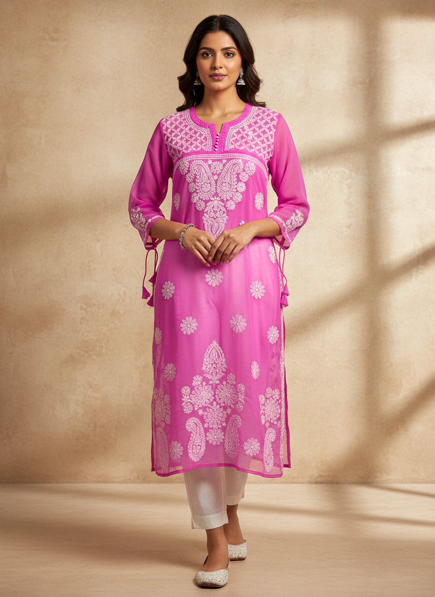 Pink Georgette Chikankari Straight Kurti