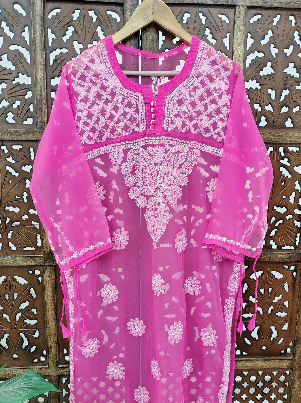 Pink Georgette Chikankari Straight Kurti