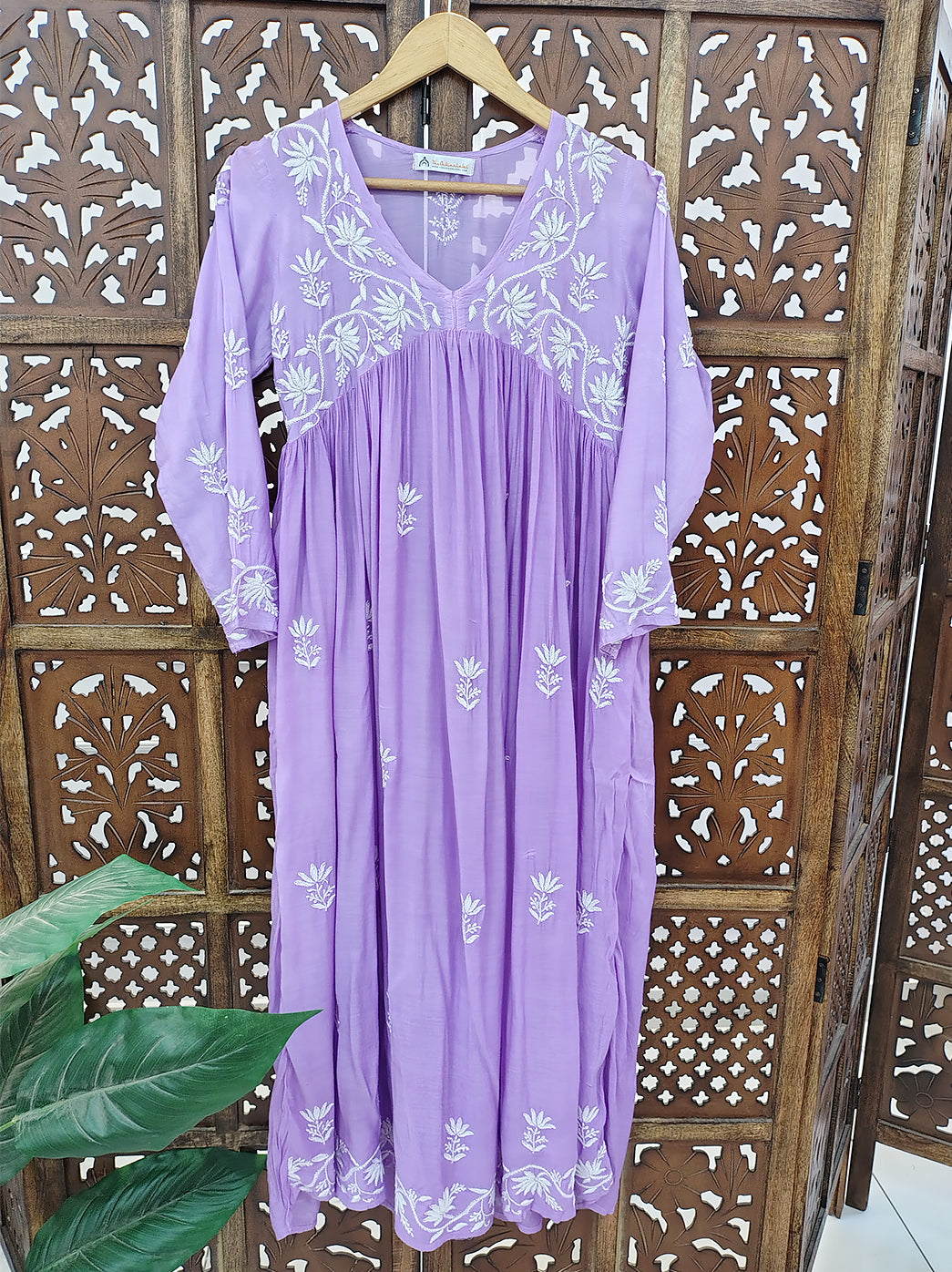 Lavender Muslin Chikankari A-Line Kurti