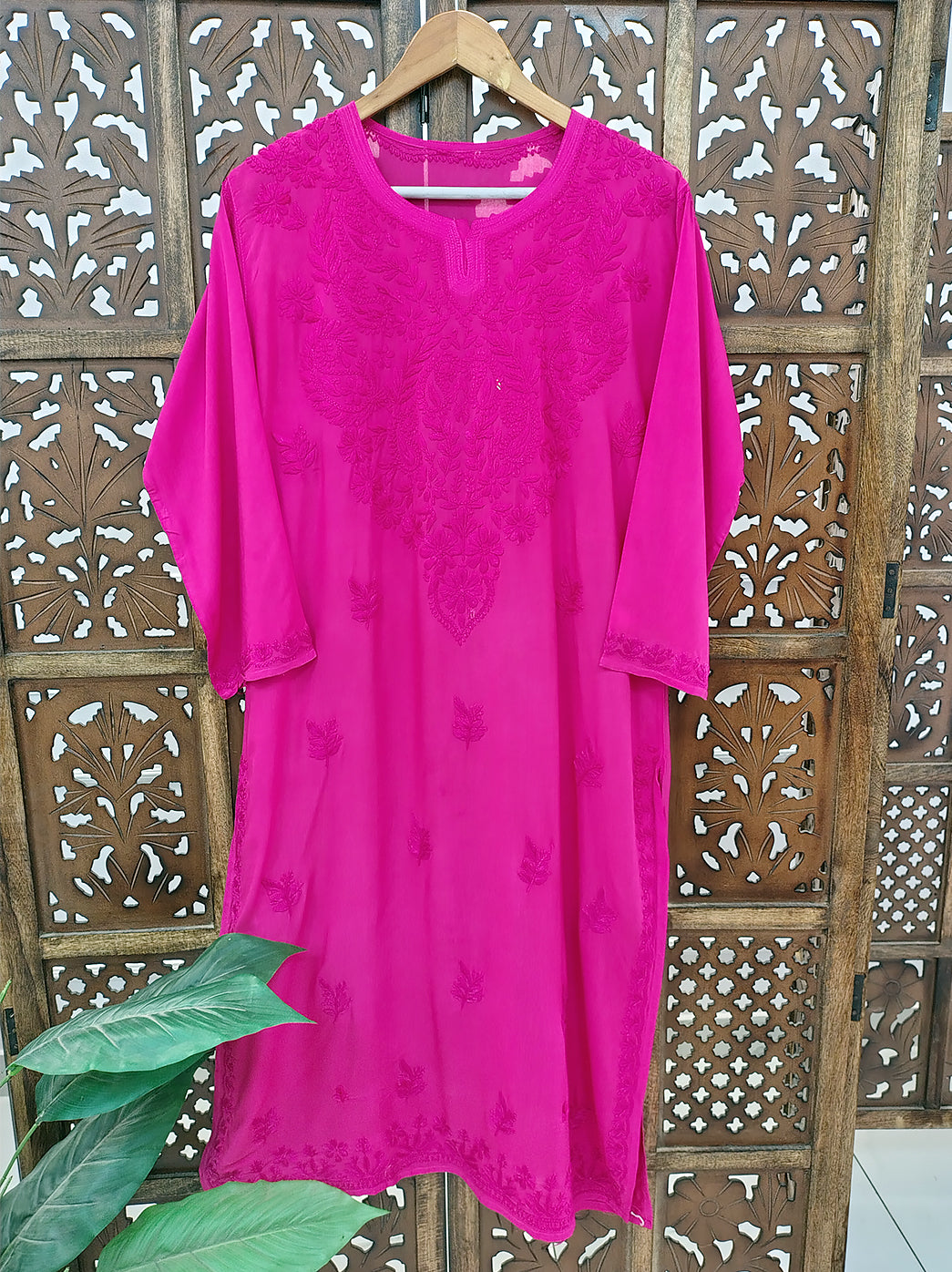 Hot Pink Modal Chikankari Straight Kurti