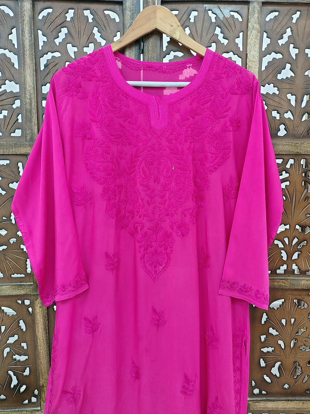 Hot Pink Modal Chikankari Straight Kurti