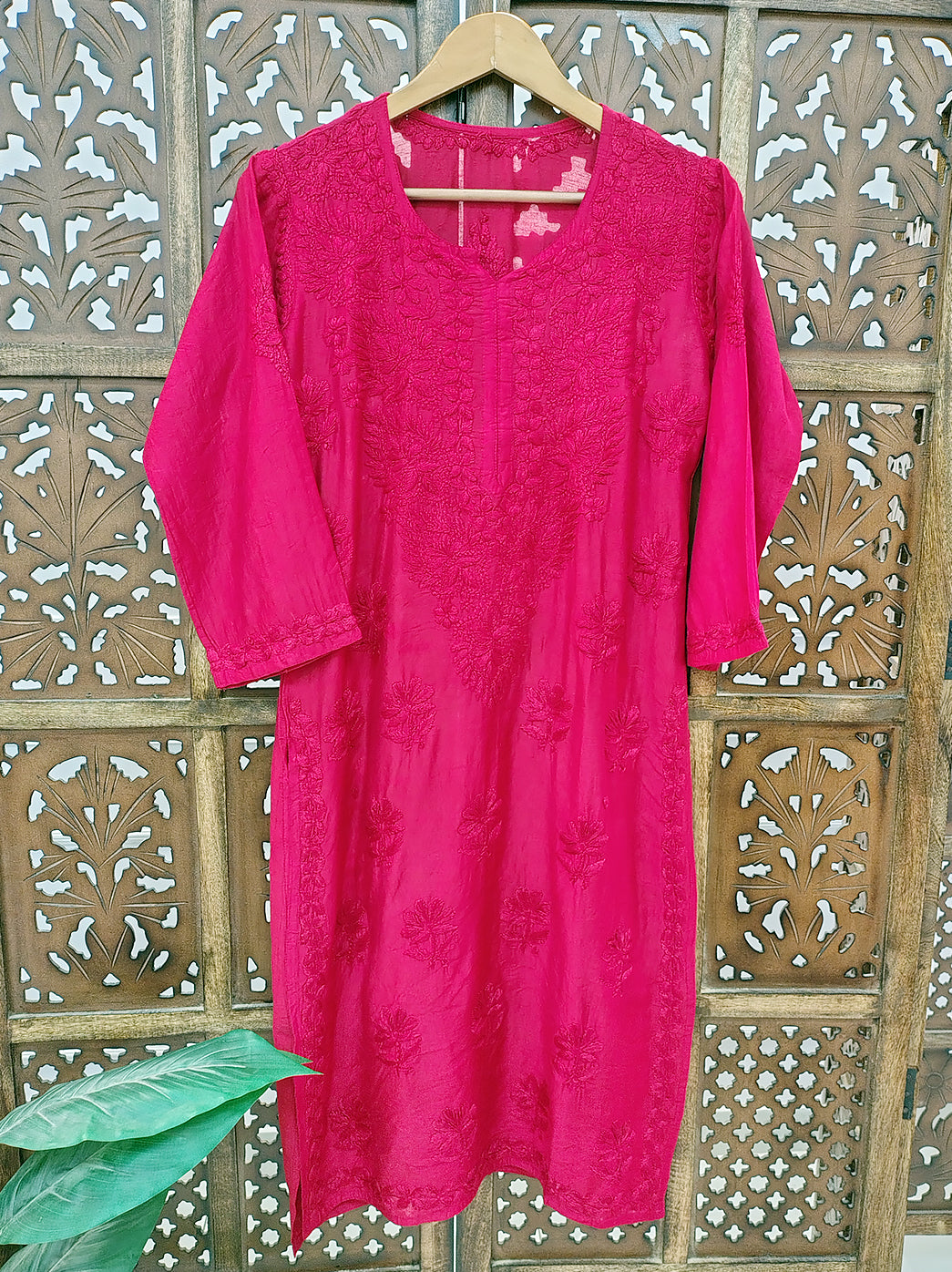 Red Chanderi Chikankari Straight Kurti