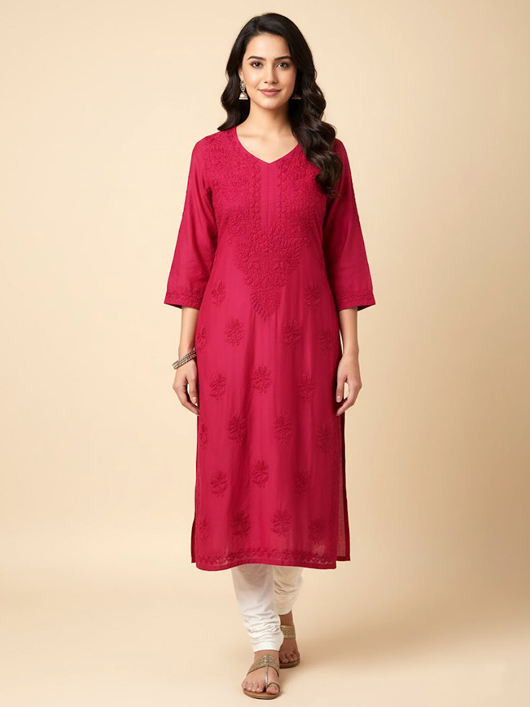 Red Chanderi Chikankari Straight Kurti