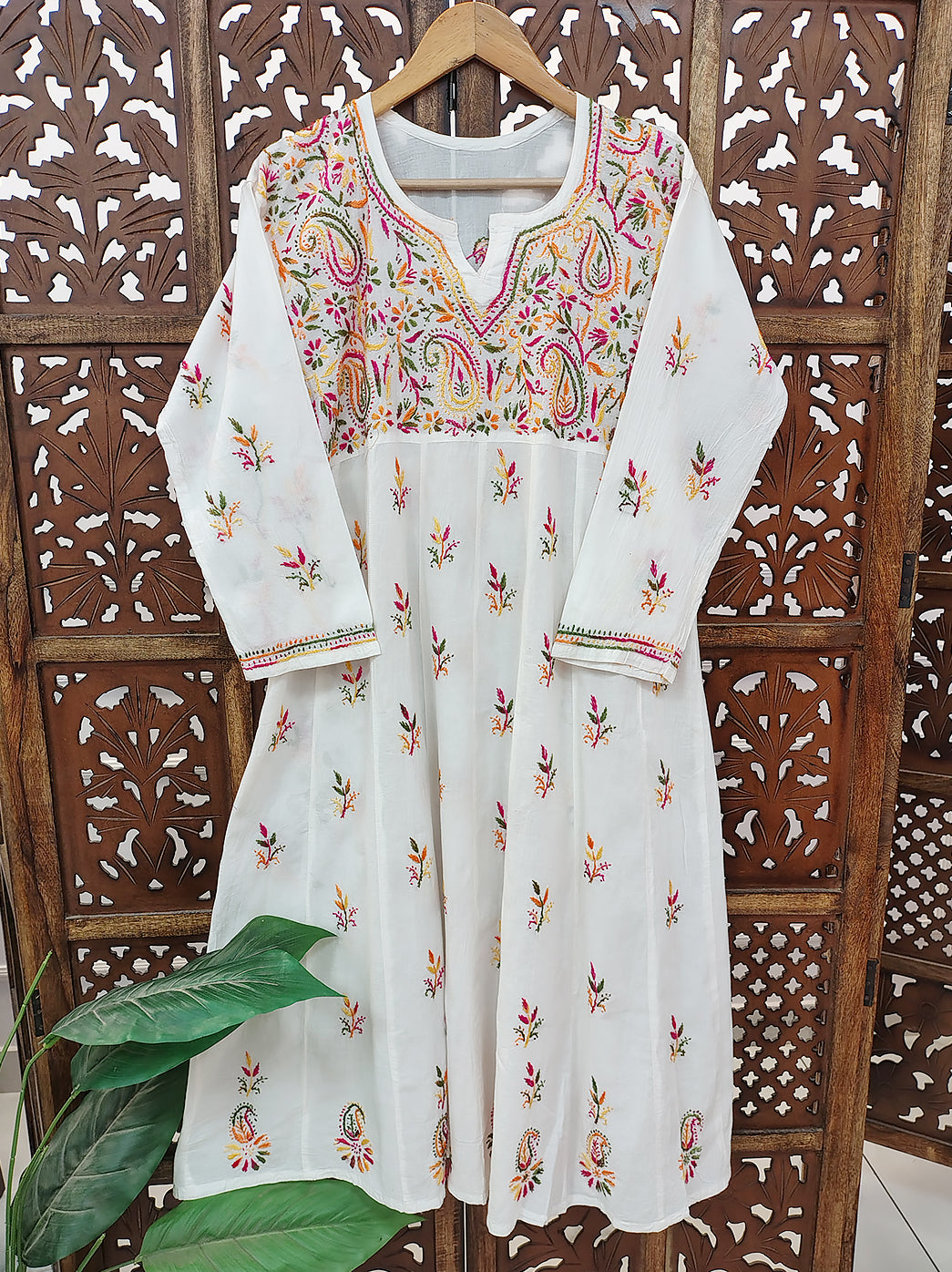 White Cotton Chikankari A-Line Kurti
