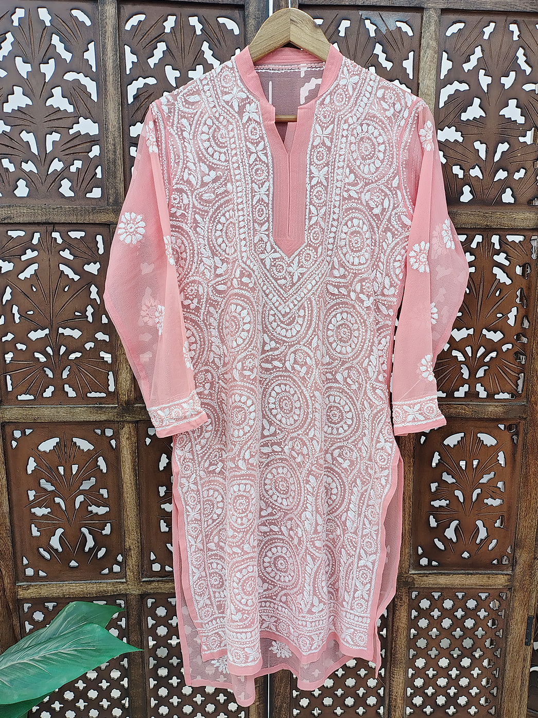 Peach Georgette Chikankari Straight Kurti