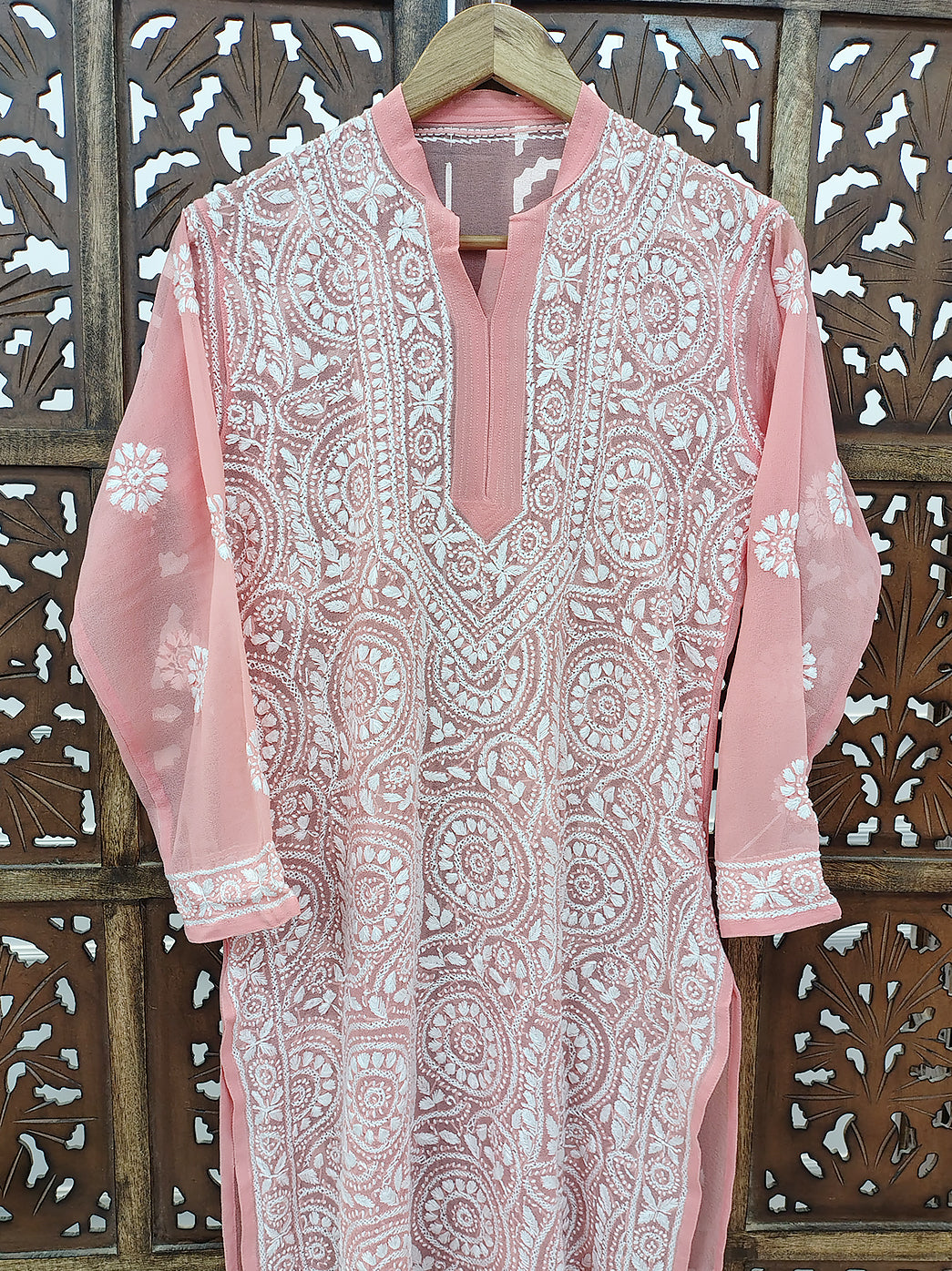 Peach Georgette Chikankari Straight Kurti