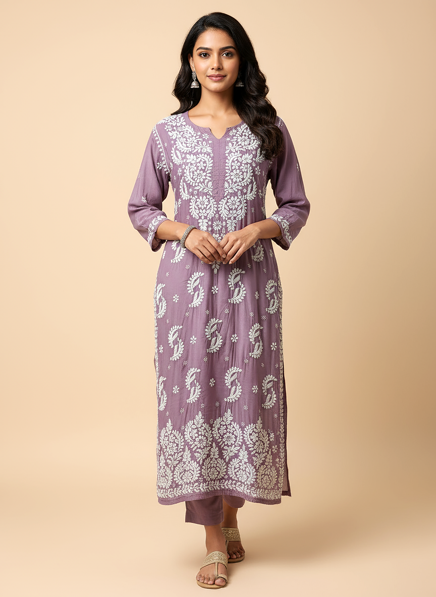 Mauve Muslin Chikankari Straight Kurti