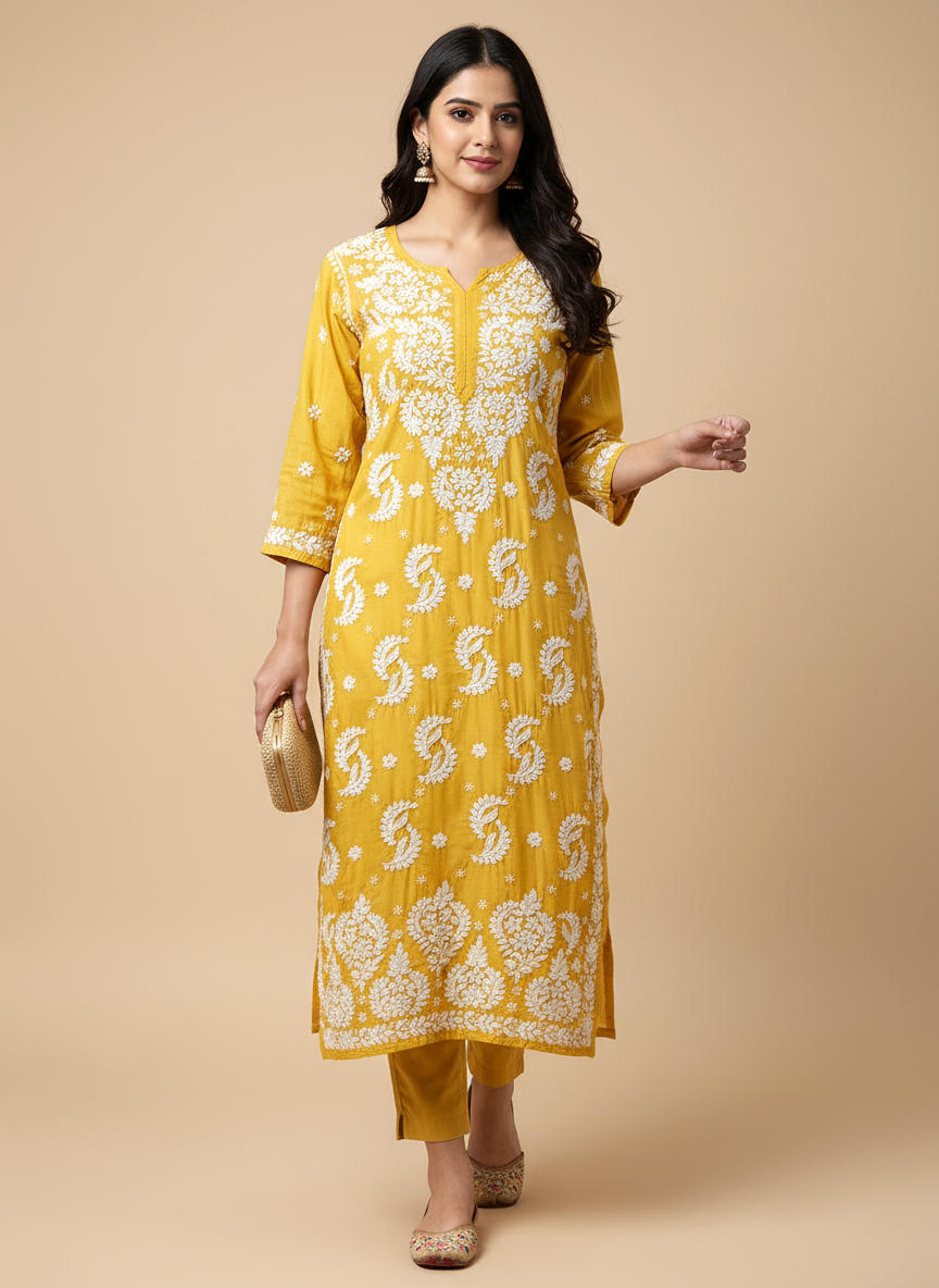 Yellow Muslin Chikankari Straight Kurti