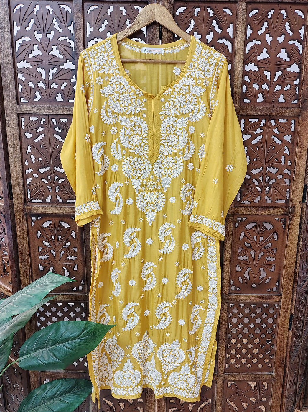 Yellow Muslin Chikankari Straight Kurti